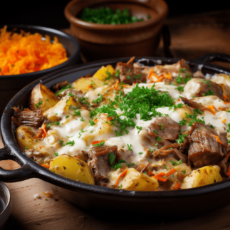 Печеня з картоплею і м'ясом зі сметаною